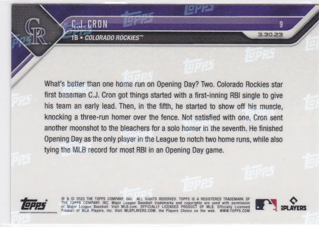 2023 TOPPS NOW #9 CJ CRON- COLORADO ROCKIES
