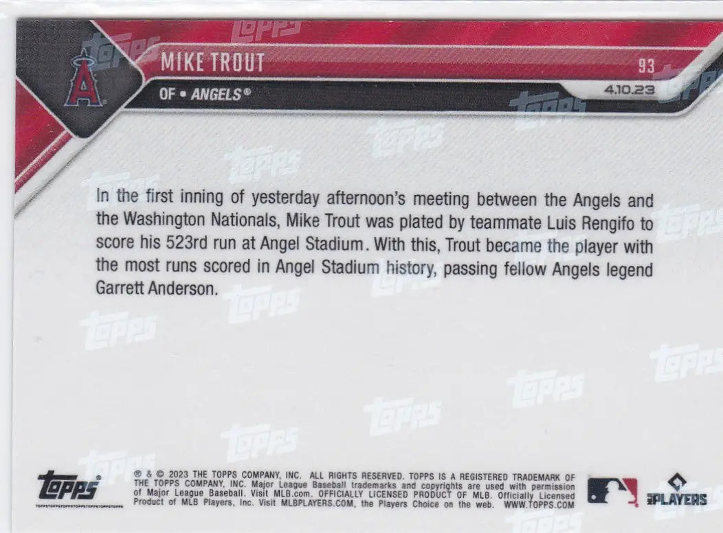 Back of 2023 TOPPS NOW Mike Trout- Angels trading card featuring player details