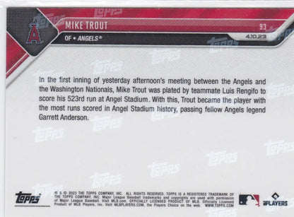 Back of 2023 TOPPS NOW Mike Trout- Angels trading card featuring player details