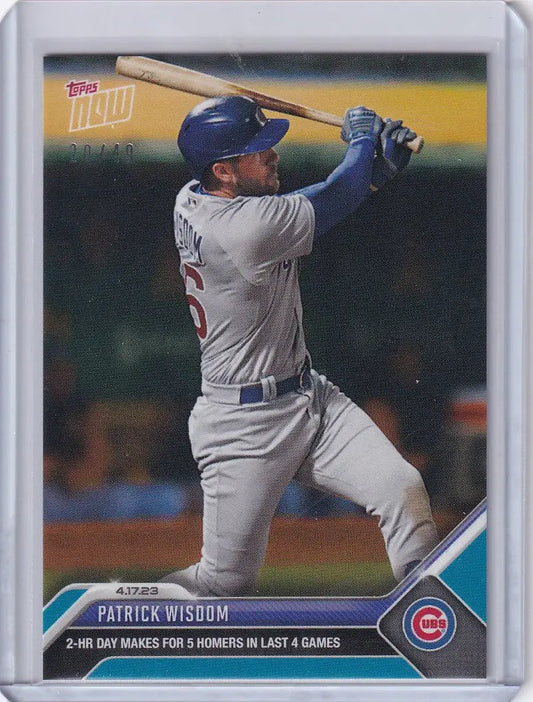 Patrick Wisdom Chicago Cubs player mid-swing on 2023 Topps Now Parallel card