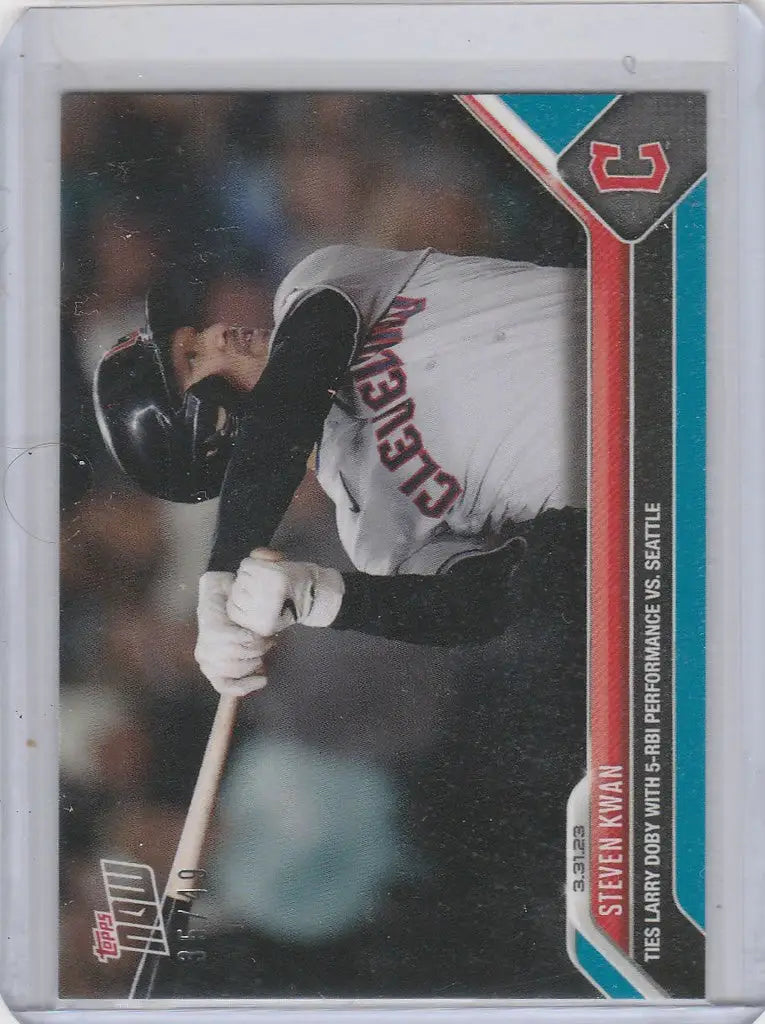 Baseball trading card of Steven Kwan with 5 RBI for Cleveland Guardians 35/49