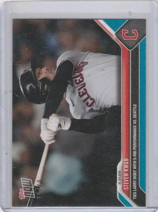 Baseball trading card of Steven Kwan with 5 RBI for Cleveland Guardians 35/49