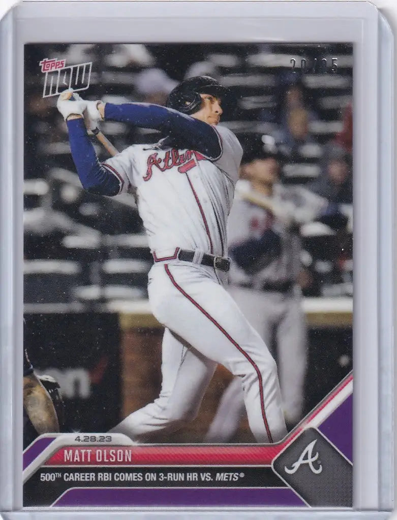 Baseball trading card of Matt Olson swinging for the Atlanta Braves in 2023 Topps Now