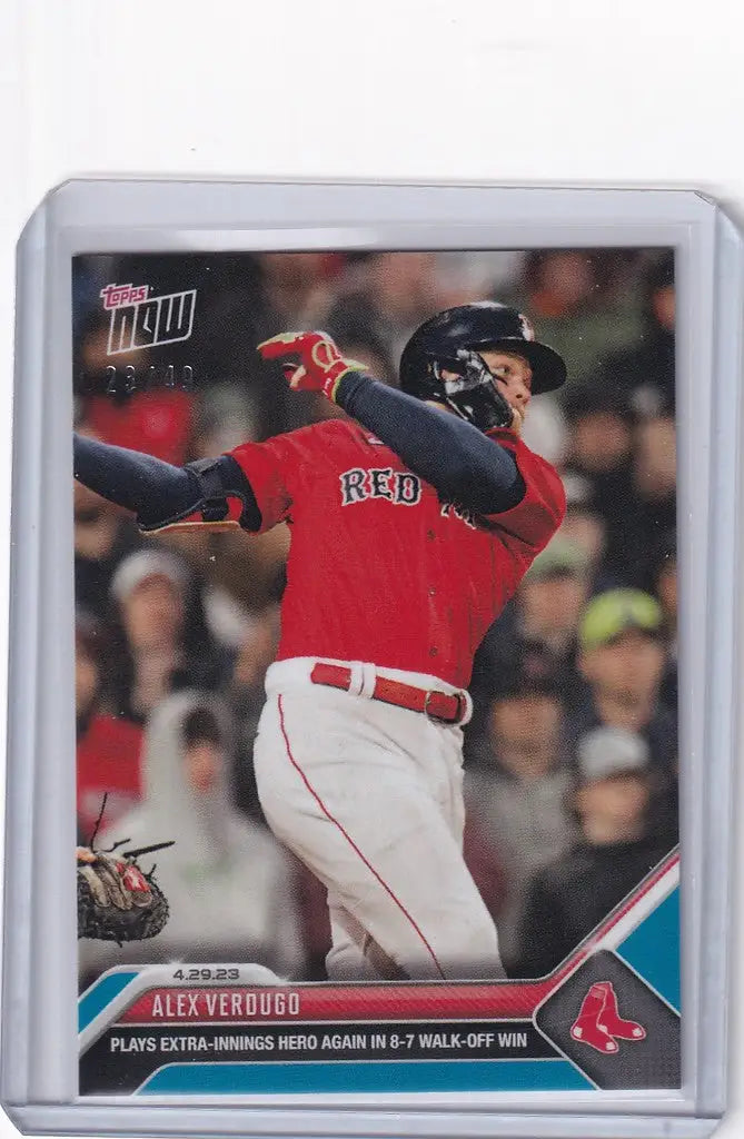 Baseball card of Red Sox player mid-swing from Major League Baseball Mexico series