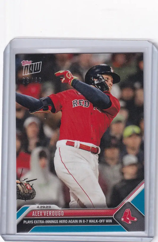 Baseball card of Red Sox player mid-swing from Major League Baseball Mexico series