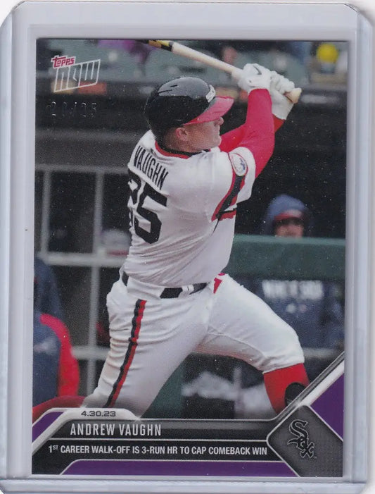 Baseball card of Andrew Vaughn Chicago White Sox player mid-swing in 2023 TOPPS NOW