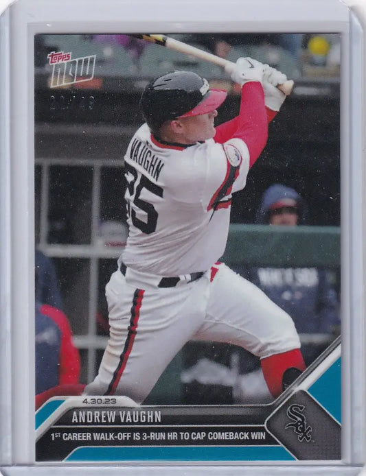 Baseball card of Andrew Vaughn Chicago White Sox player mid-swing 22/49 TOPPS NOW parallèle