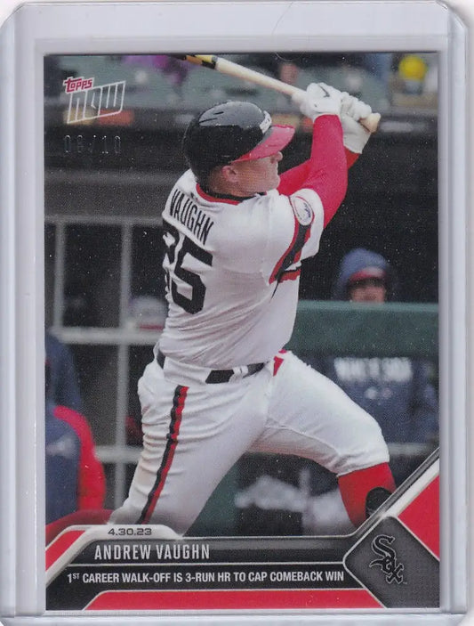 Baseball trading card of Andrew Vaughn Chicago White Sox player mid-swing