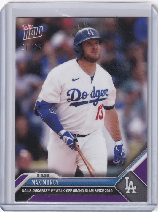 Baseball card of Max Muncy from Los Angeles Dodgers in white uniform with bat