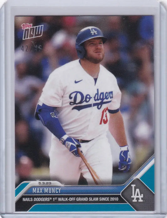 Baseball card of Max Muncy Los Angeles Dodgers player in white uniform with bat