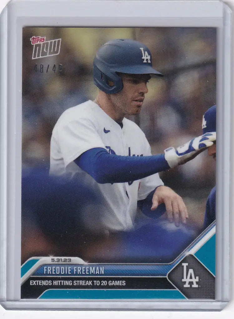Baseball trading card of Freddie Freeman Los Angeles Dodgers at bat, 2023 Topps Now Parallel