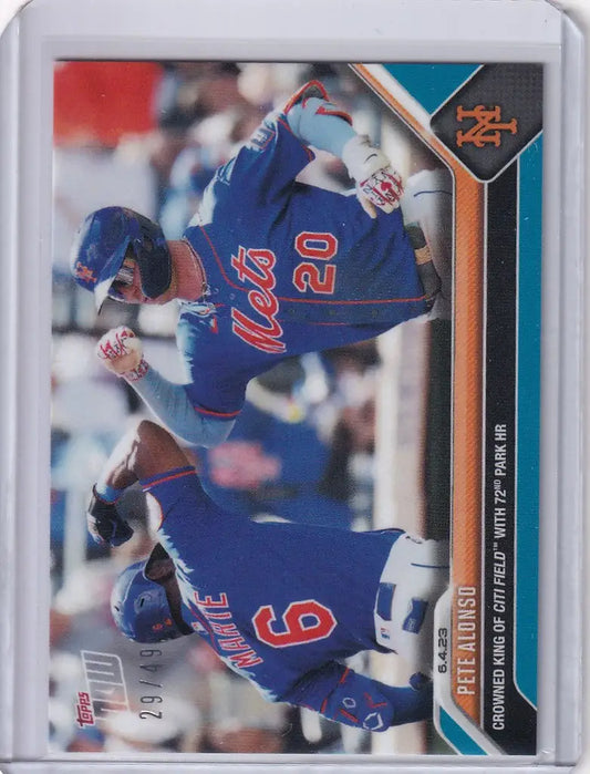 Baseball trading card of Pete Alonso mid-throw for New York Mets 2023 TOPPS NOW