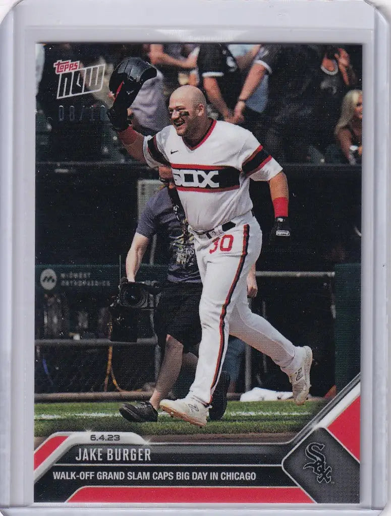 Baseball card of Jake Burger in Chicago White Sox white and red uniform