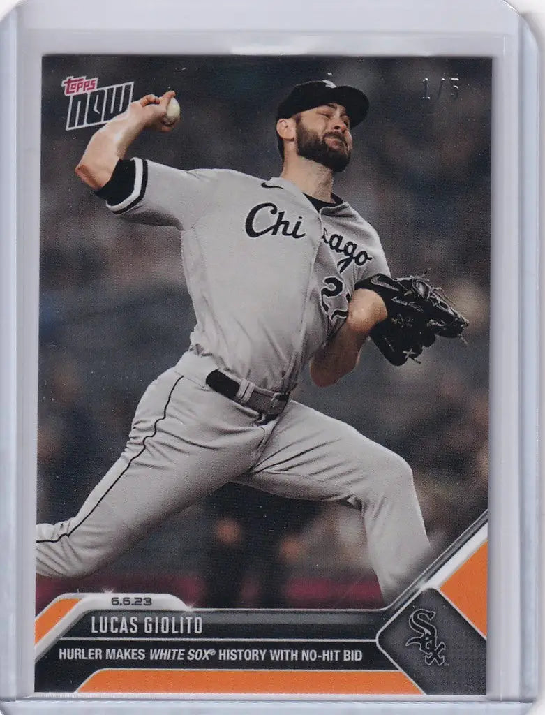 Baseball card of Lucas Giolito mid-throw for Chicago White Sox 2023 TOPPS NOW