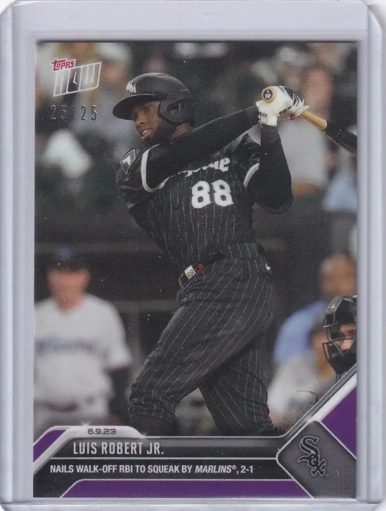 Baseball card of Luis Robert Jr Chicago in black pinstriped uniform, number 88 at bat