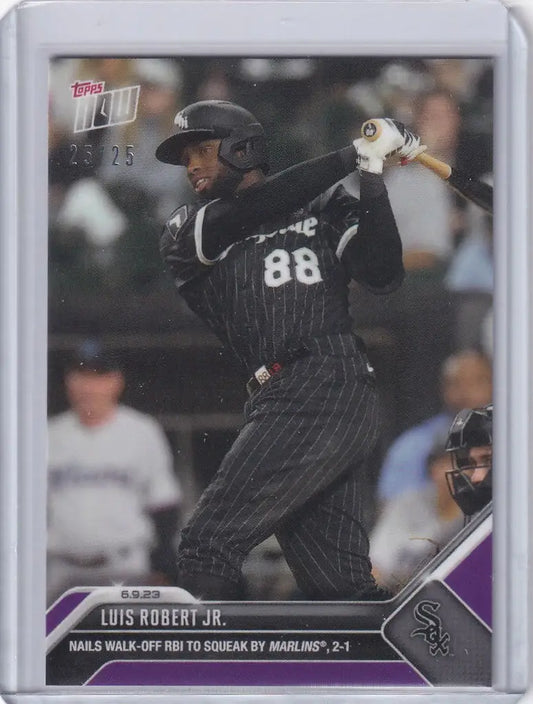 Baseball card of Luis Robert Jr Chicago in black pinstriped uniform, number 88 at bat