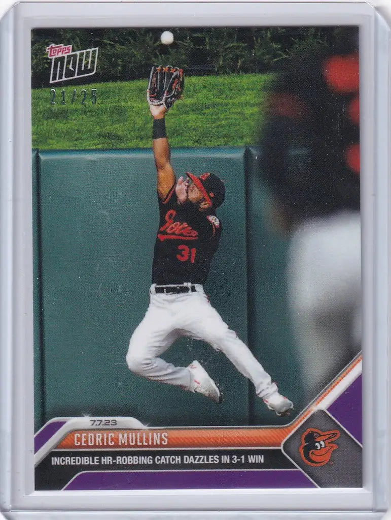 Baseball trading card of Cedric Mullins making a leaping catch for Baltimore Orioles