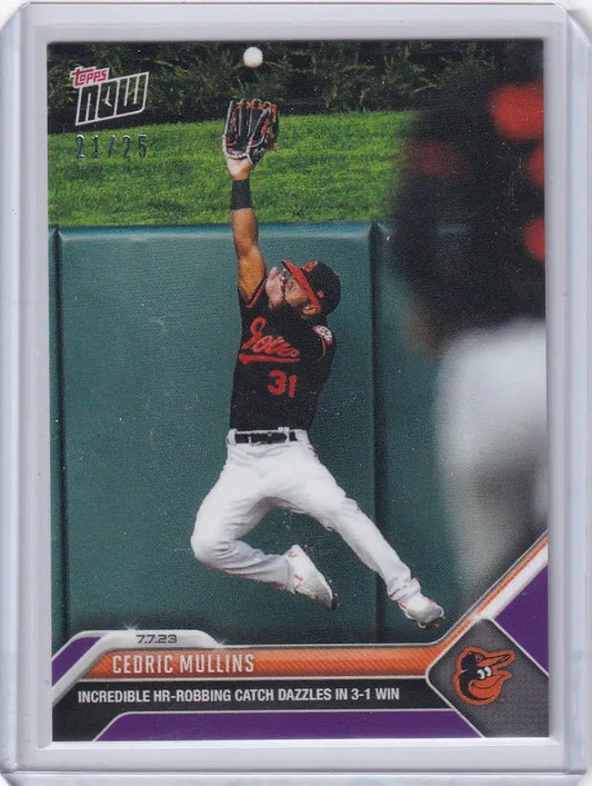 Baseball trading card of Cedric Mullins making a leaping catch for Baltimore Orioles
