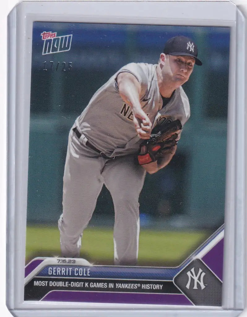 Baseball card of Gerrit Cole pitching for the New York Yankees in 2023 TOPPS NOW Trading Cards