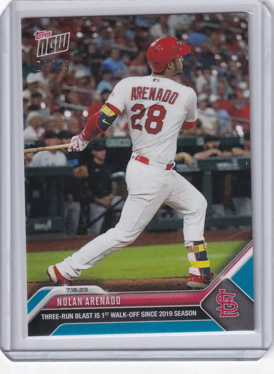 Baseball player swinging a bat in white uniform and red cap for Nolan Arenado St Louis Cardinals