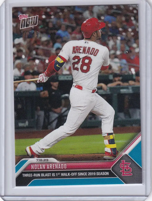 Baseball card of Nolan Arenado mid-swing for St. Louis Cardinals 2023 Topps Now