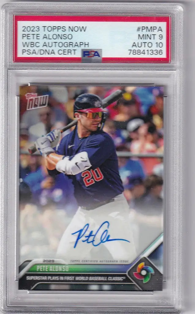 Graded Pete Alonso PSA 9 baseball card in navy uniform, featuring WBC Auto, New York Mets Platinum