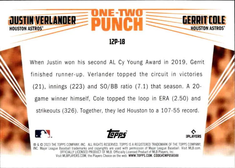 Baseball card featuring Justin Verlander and Gerrit Cole statistics from 2019 season
