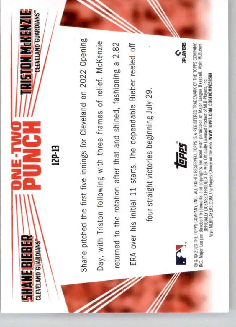 Baseball card featuring Shane Bieber and Triston McKenzie with red and white design elements