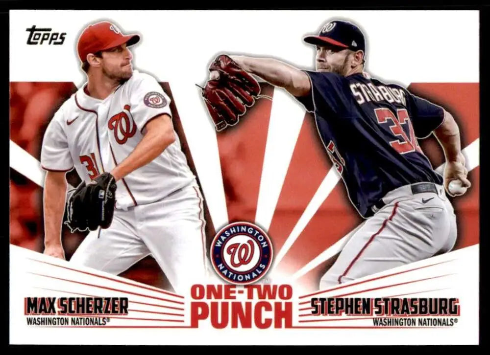 Baseball card of Stephen Strasburg and Max Scherzer in action with One-Two Punch text