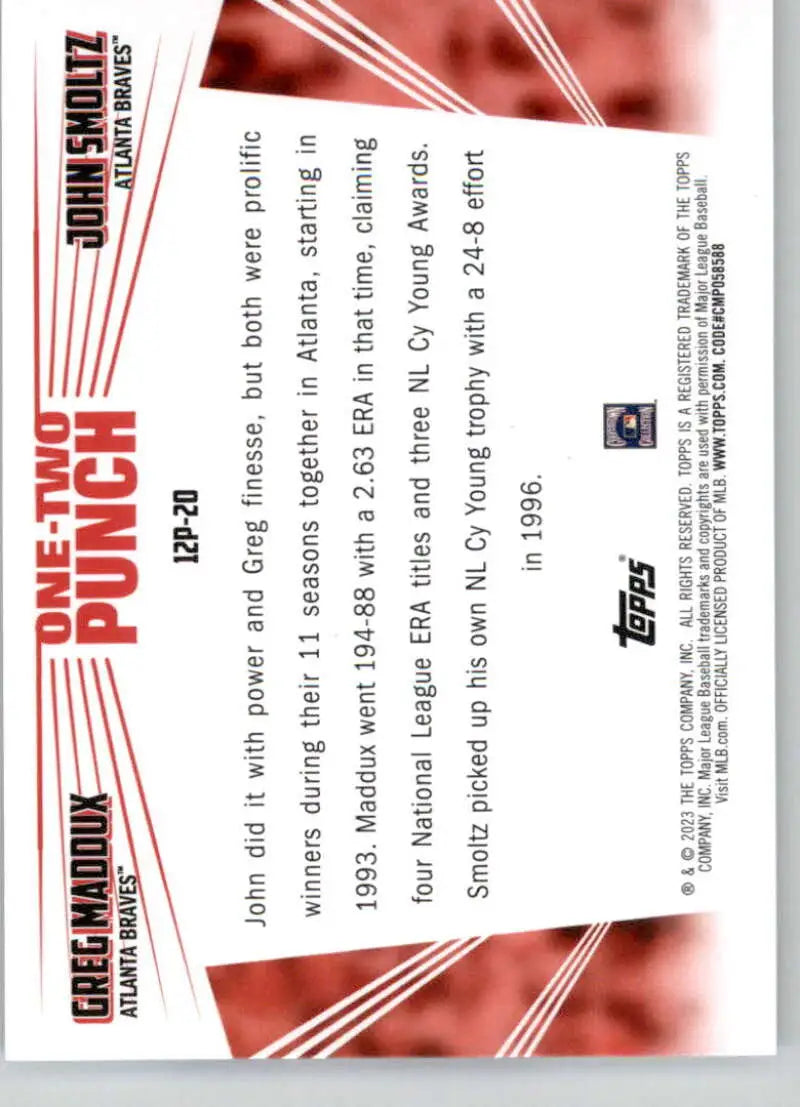 Back side of 2023 Topps One-Two Punch John Smoltz/Greg Maddux Atlanta Braves baseball card