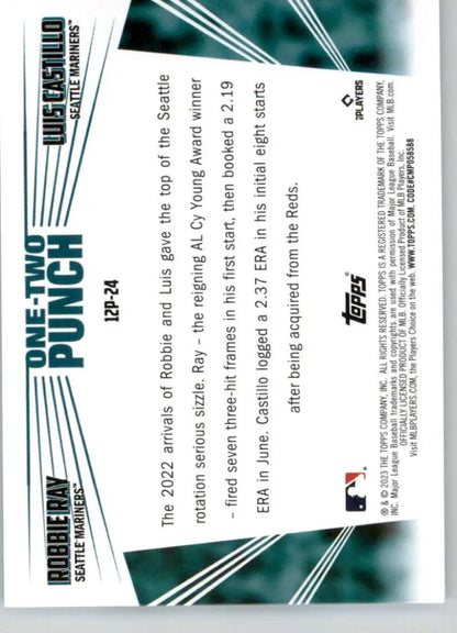 Seattle Mariners Baseball Card featuring Robbie Ray and Luis Castillo with stats on white background