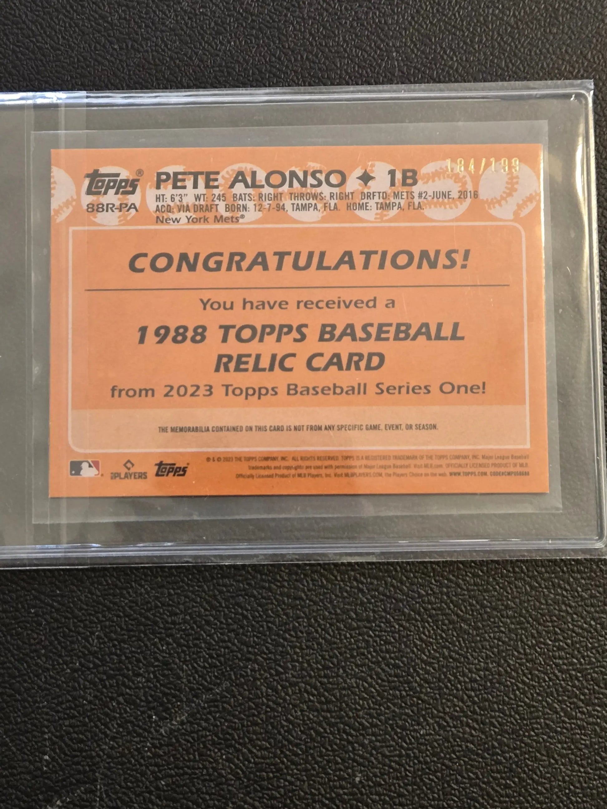 Pete Alonso 1988 Topps Baseball Relic Card from 2023 Topps Baseball Series One