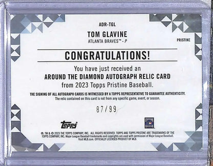 Autographed Tom Glavine baseball card relic 87/99 from 2023 Topps Pristine Refractor