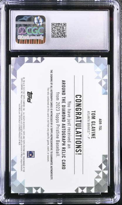 Back of 2023 Topps Pristine Tom Glavine Gem Mint Auto Baseball Card in protective case