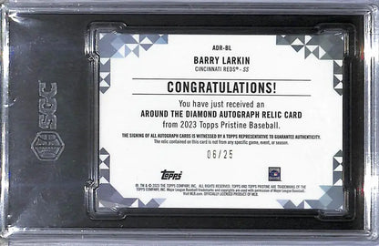 Barry Larkin autograph relic card from 2023 Topps Pristine Around The Diamond Orange