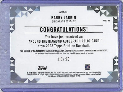 Redemption card for a Barry Larkin Topps Pristine diamond relic numbered 05/99