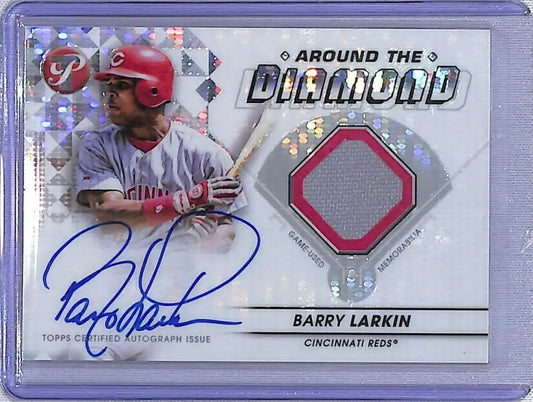Baseball trading card of Barry Larkin with autograph and diamond relic patch from Topps Pristine
