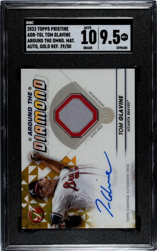 Graded Tom Glavine 2023 Topps Pristine Diamond Relic Refractor Gold card with auto