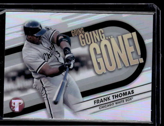Baseball card of Frank Thomas swinging bat with Going Going Gone text, Topps Pristine GGG-4