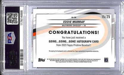Eddie Murray graded autograph card from 2023 Topps Pristine Going Going Gone, Gem Mint