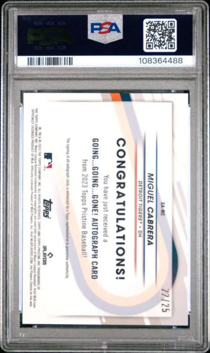 Graded Miguel Cabrera Gem Mint baseball card from 2023 Topps Pristine for Detroit Tigers