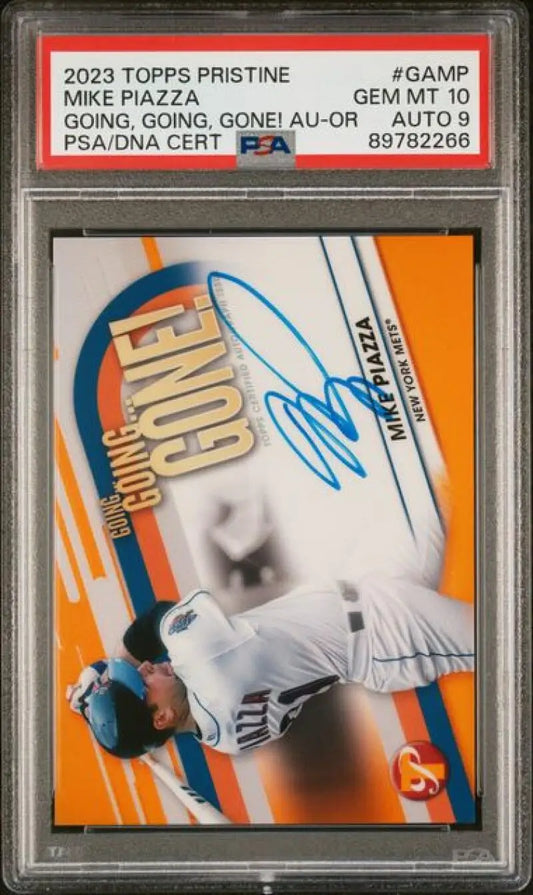 PSA-graded 2023 Topps Pristine Orange Mike Piazza baseball card in protective case