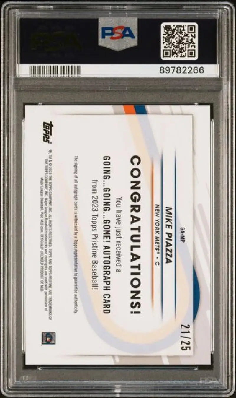 PSA-graded holder displaying Congratulations card with 2023 Topps Pristine Orange Mike Piazza