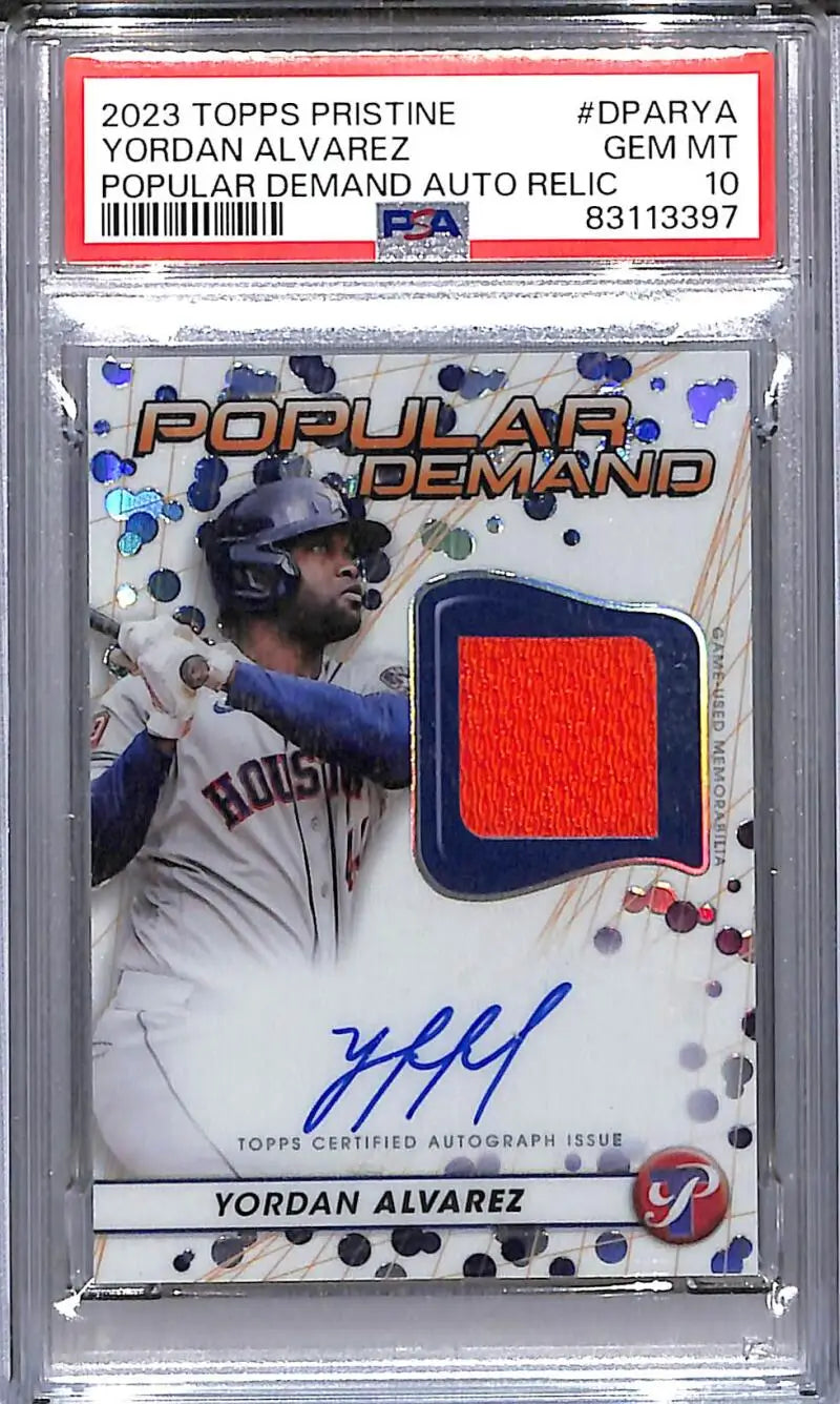 Yordan Alvarez baseball card with autograph and jersey relic from Topps Pristine Popular Demand
