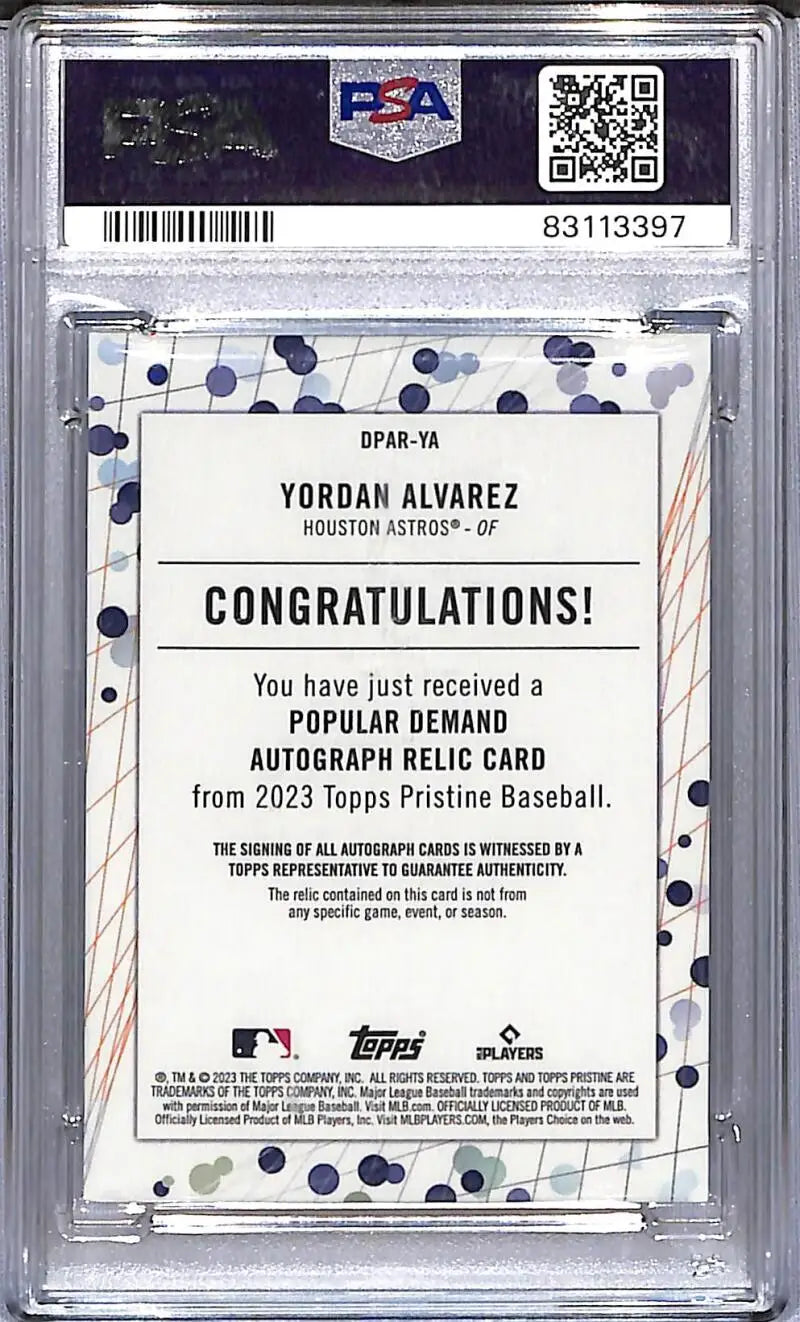 Graded Yordan Alvarez 2023 Topps Pristine Popular Demand trading card PSA 10 GEM MINT