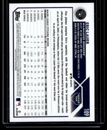 2023 Topps Rainbow Foil #109 Eric Lauer Milwaukee Brewers Baseball Card statistics design
