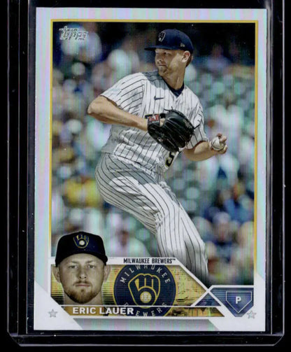 Milwaukee Brewers Rainbow Foil baseball card featuring Eric Lauer in pinstriped uniform