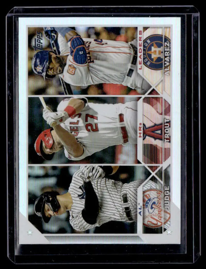 Baseball trading card featuring Aaron Judge, Mike Trout, and Yordan Alvarez in rainbow foil
