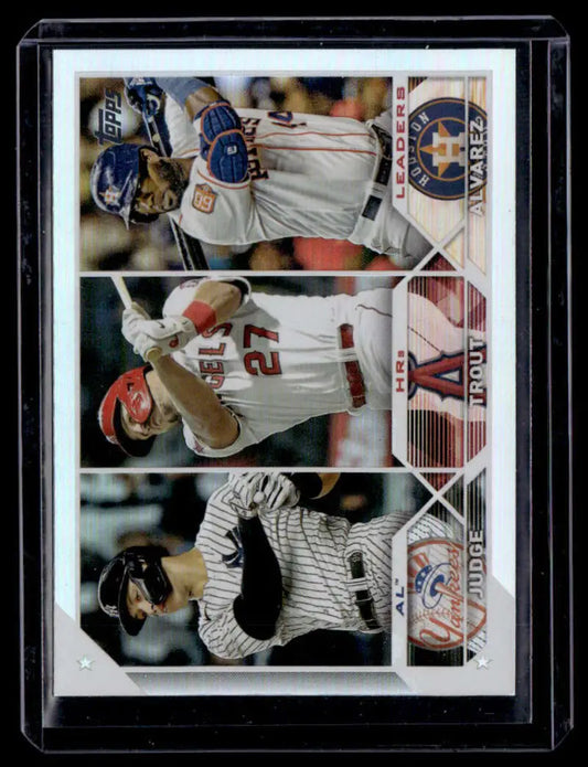 Baseball trading card featuring Aaron Judge, Mike Trout, and Yordan Alvarez in rainbow foil