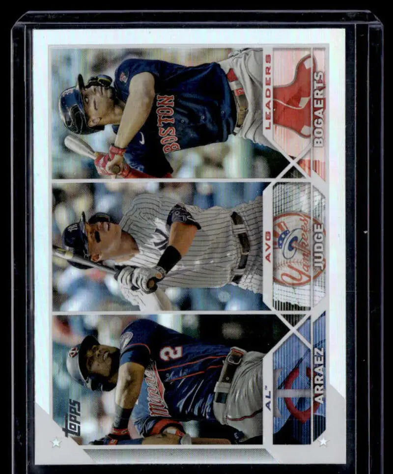 Baseball card featuring Luis Arraez, Aaron Judge, and Xander Bogaerts in rainbow foil design
